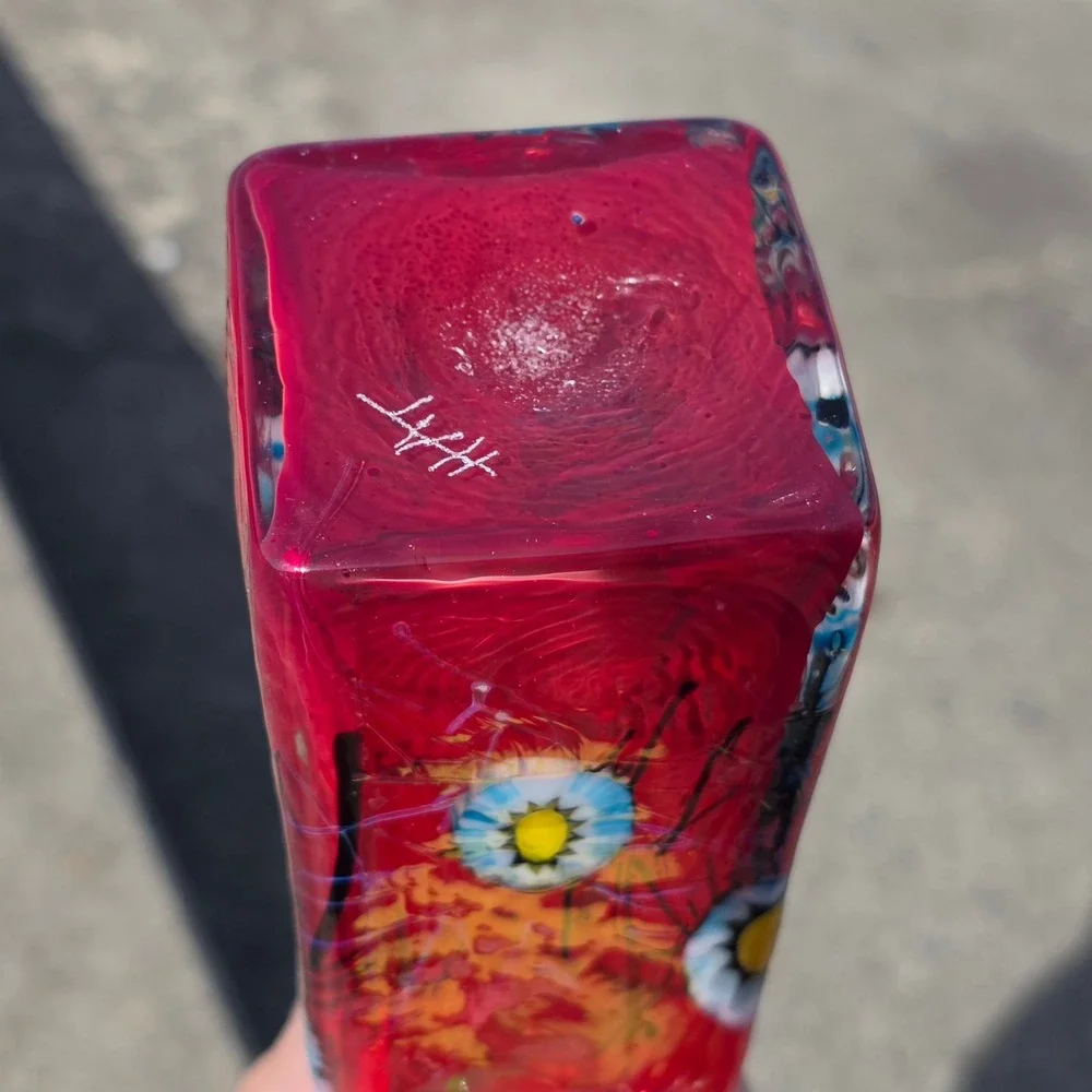 Herb A. Thomas Signed Red Art Glass Millefiori Floral Murrine Bottle Vase 6.5